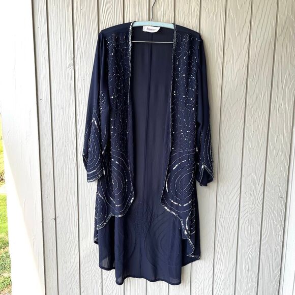 VTG Beaded Roaman’s Navy Duster Jacket Sheer Evening Kimono 43” - Picture 1 of 10